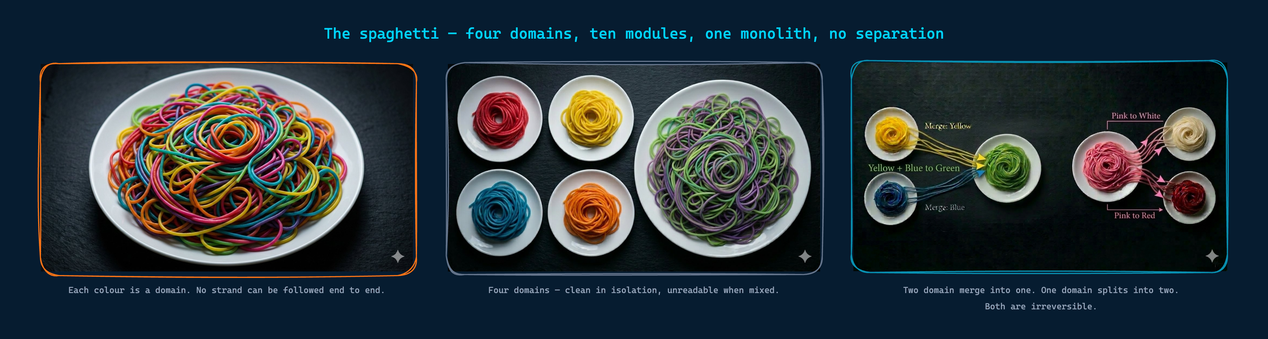 Three panels: a single chaotic plate of many-coloured spaghetti, four plates showing domains separated and mixed, and plates illustrating how two module colours merge into one and one splits into two